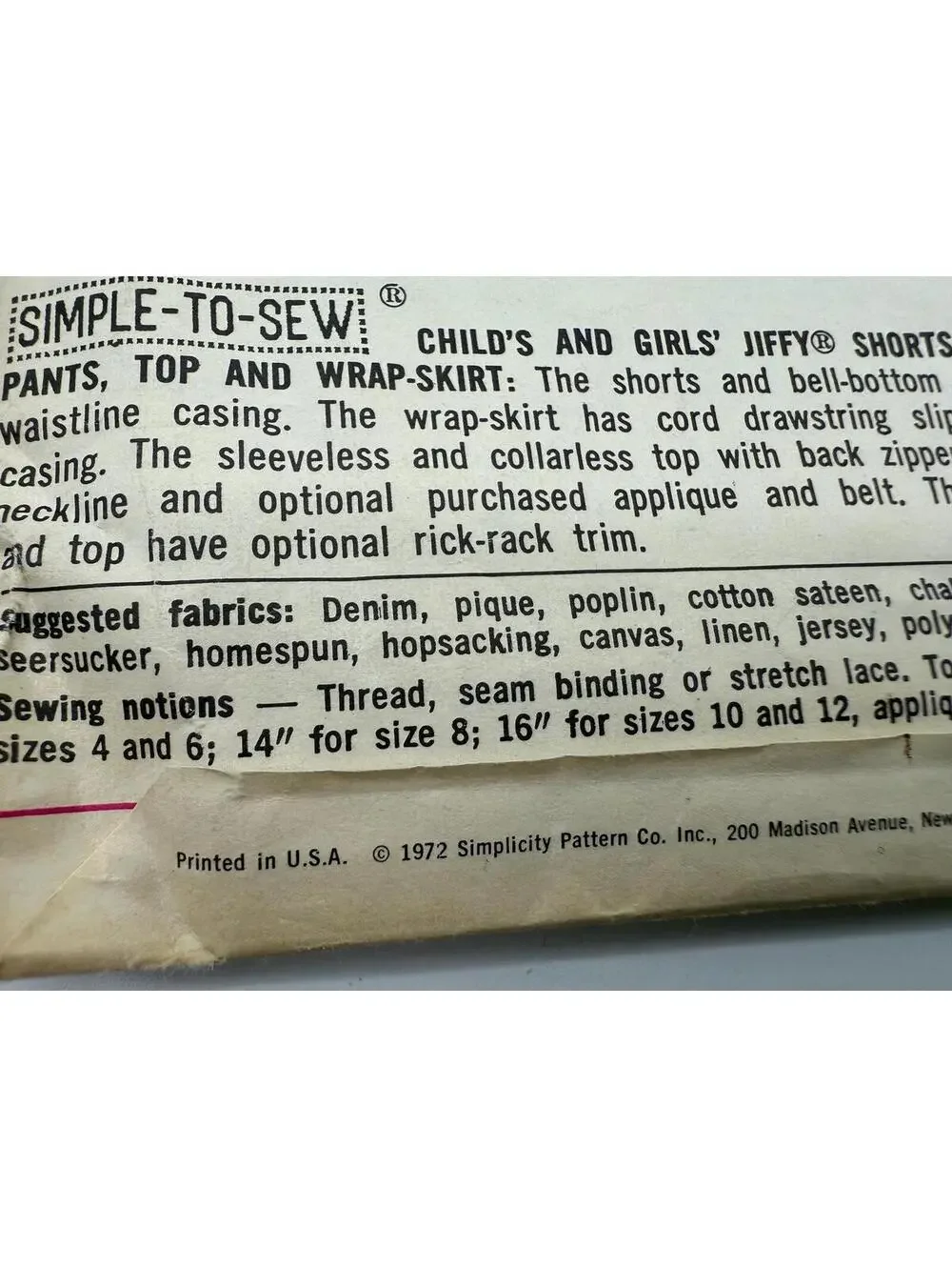 Vintage 1970s Pattern, Childs Jiffy Sorts and Bellbottoms, Sz 6, Simplicity 9997